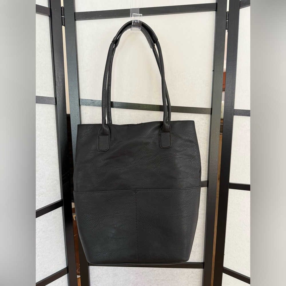 Joy Susan Black Vegan Leather Bucket Bag Tote.  Inside zip Pocket